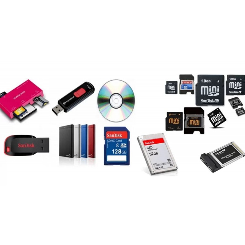 SSD, HDD, flashdisk, carte mémoire, lecteur, graveur
