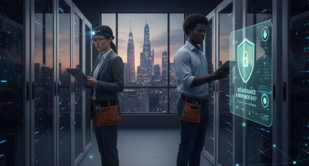 Services d'infogérance et maintenance informatique préventive pour PME incluant la sécurisation des réseaux et le support technique.